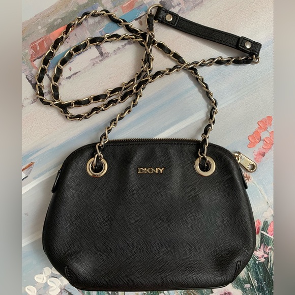 DKNY 2014 Crossbody Goldtone Black Leather Purse - Picture 1 of 16